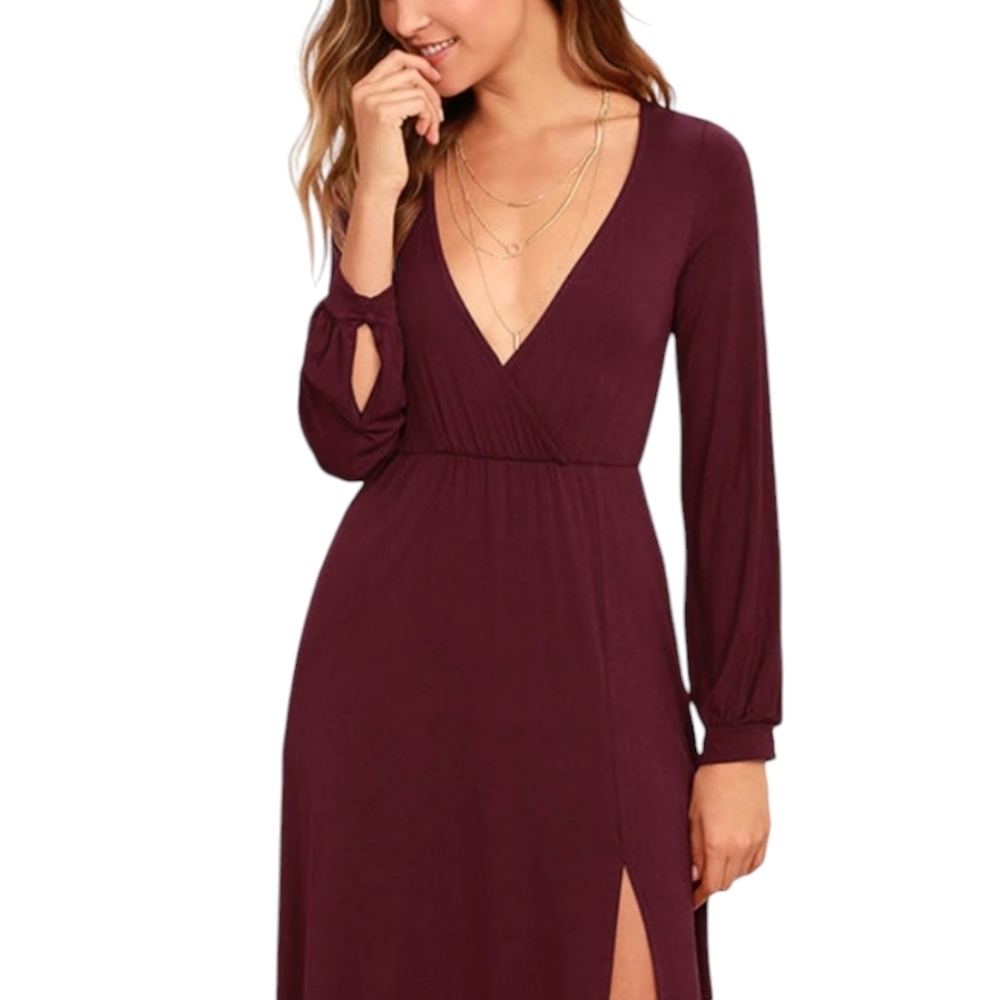 Lulus Plum Purple Long Sleeve Wrap Midi Dress Fall Wedding Party Dress